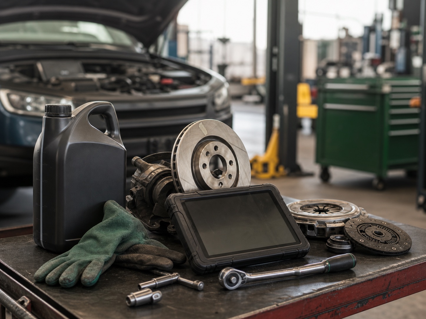 Generated placeholder photo of service tools, brake parts, and workshop equipment.