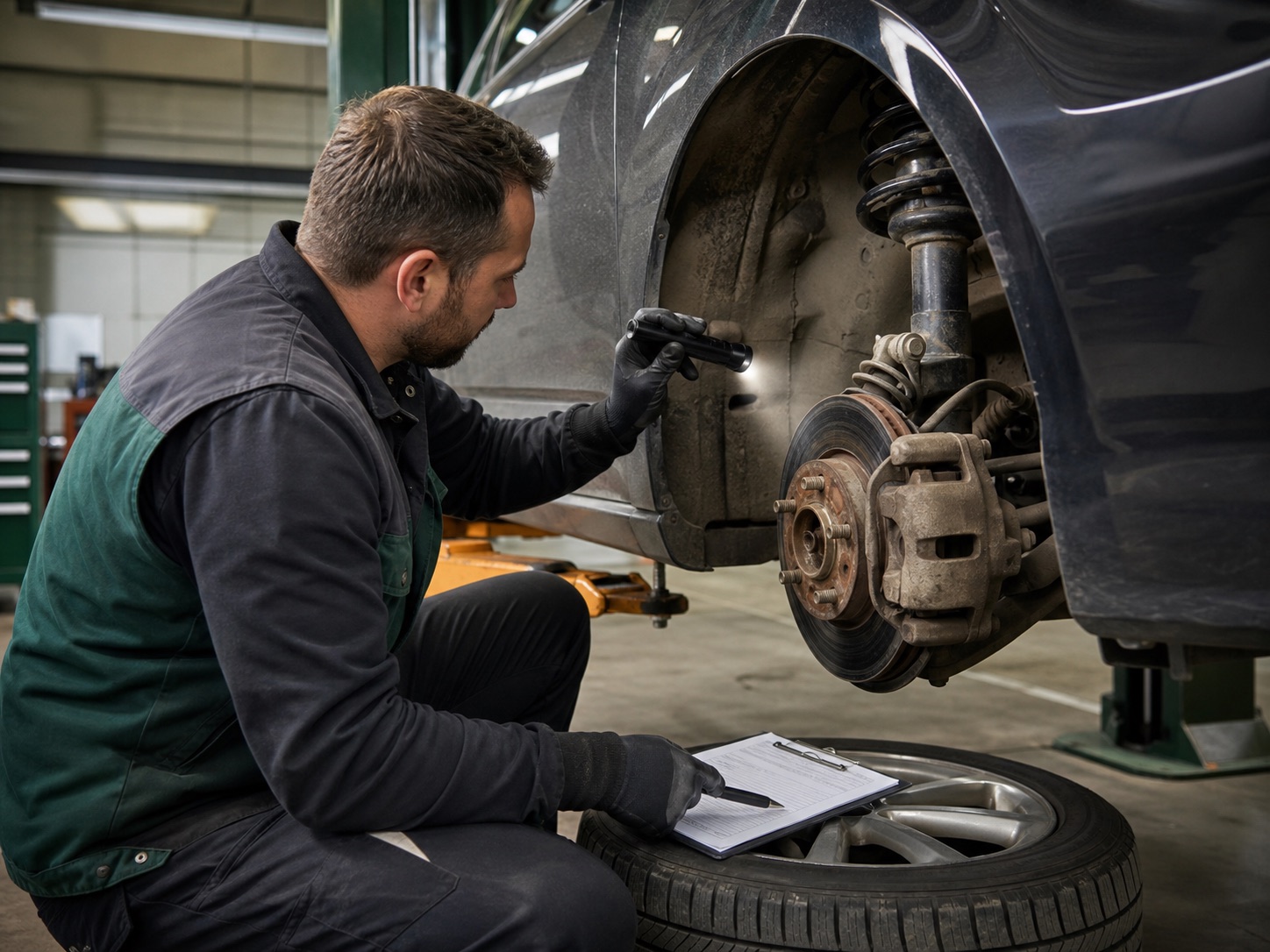 Generated placeholder photo of a mechanic inspecting a wheel and brake assembly.