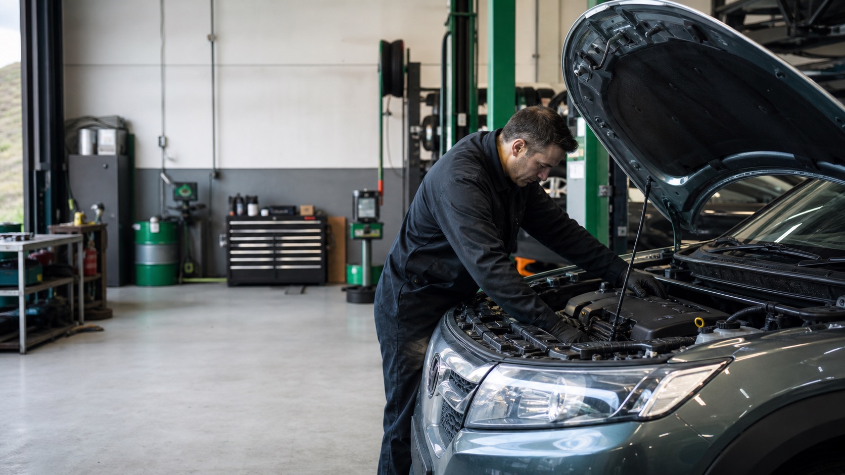 Generated placeholder photo of a mechanic working on a car in a clean workshop bay.